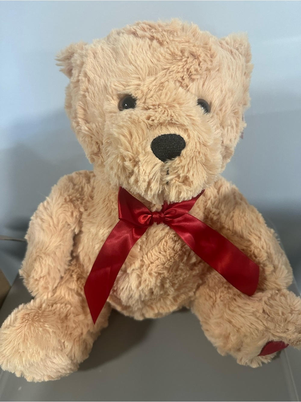 🆕 Plush Teddy Bear with Red Bow - Soft Beige Stuffed Toy